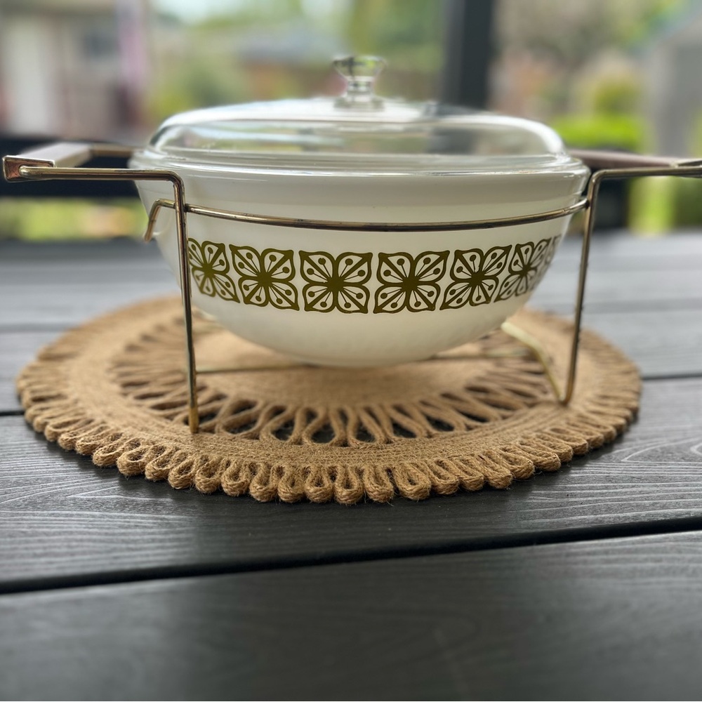 Pyrex White Casserole Dish with Olive Green Floral Band and Glass Lid
